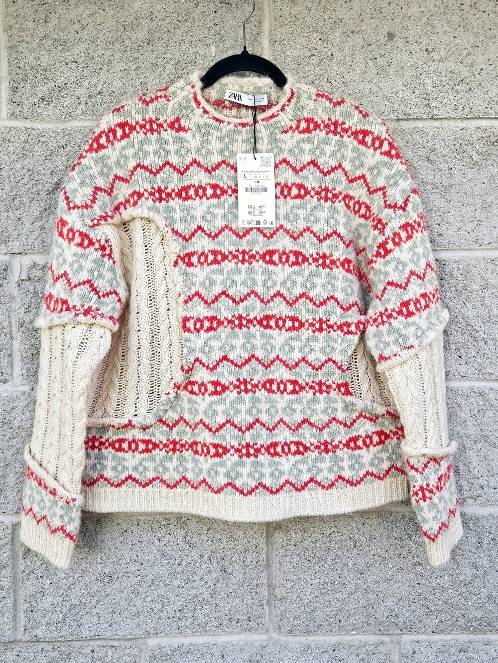 Zara Fair Isle Chunky Knit Sweater Cozy Nordic Winter Pullover L